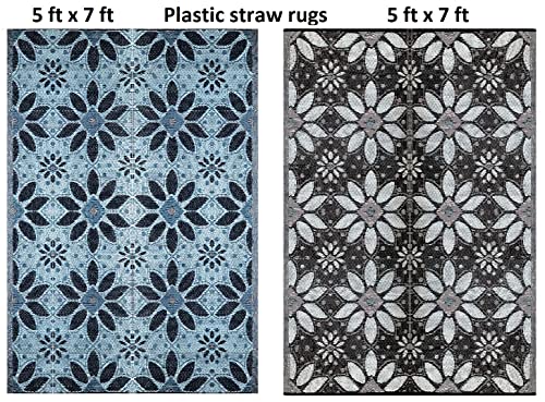 BalajeesUSA Outdoor Plastic Straw Patio Rugs - 5'x7' Sky Blue, Grey
