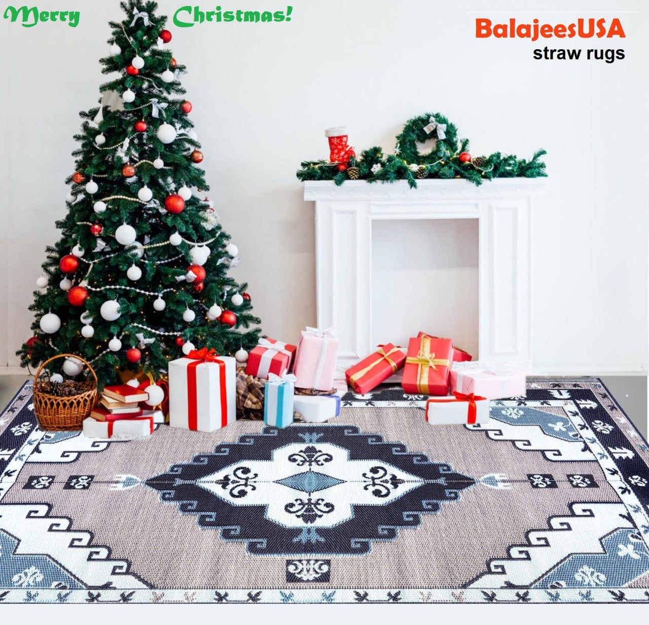 Outdoor Patio Rugs clearance Navy Blue, Grey, White color using at floor to decorate house on christmas