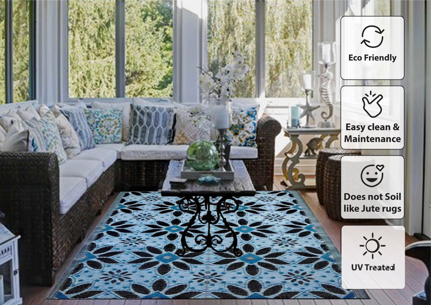 BalajeesUSA Outdoor Plastic Straw Patio Rugs - 5'x7' Sky Blue, Grey