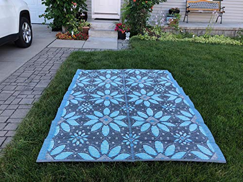 BalajeesUSA Outdoor Plastic Straw Patio Rugs - 5'x7' Sky Blue, Grey