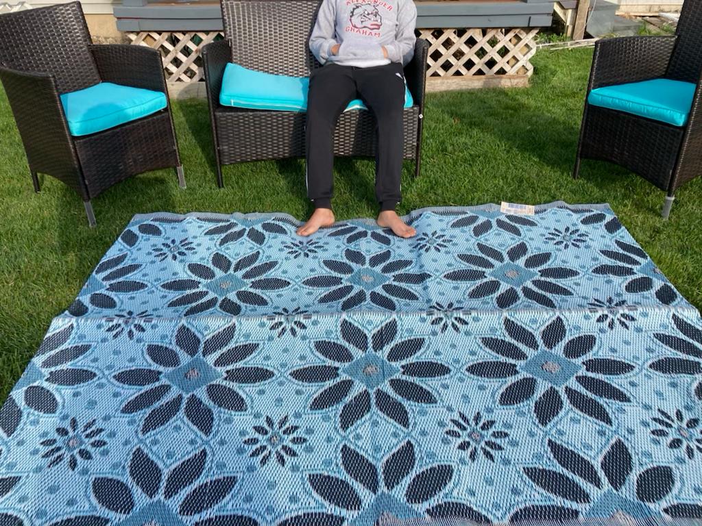 BalajeesUSA Outdoor Plastic Straw Patio Rugs - 5'x7' Sky Blue, Grey