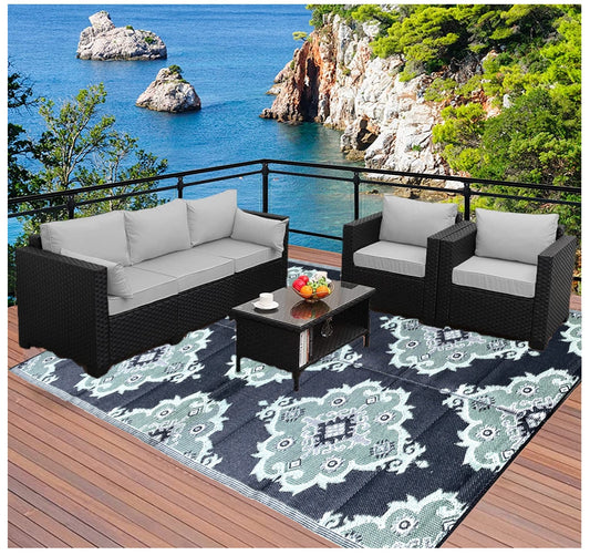 Clearance TBU Recycled Outdoor Plastic Patio Rugs – 6x9 Grey, Green, Black