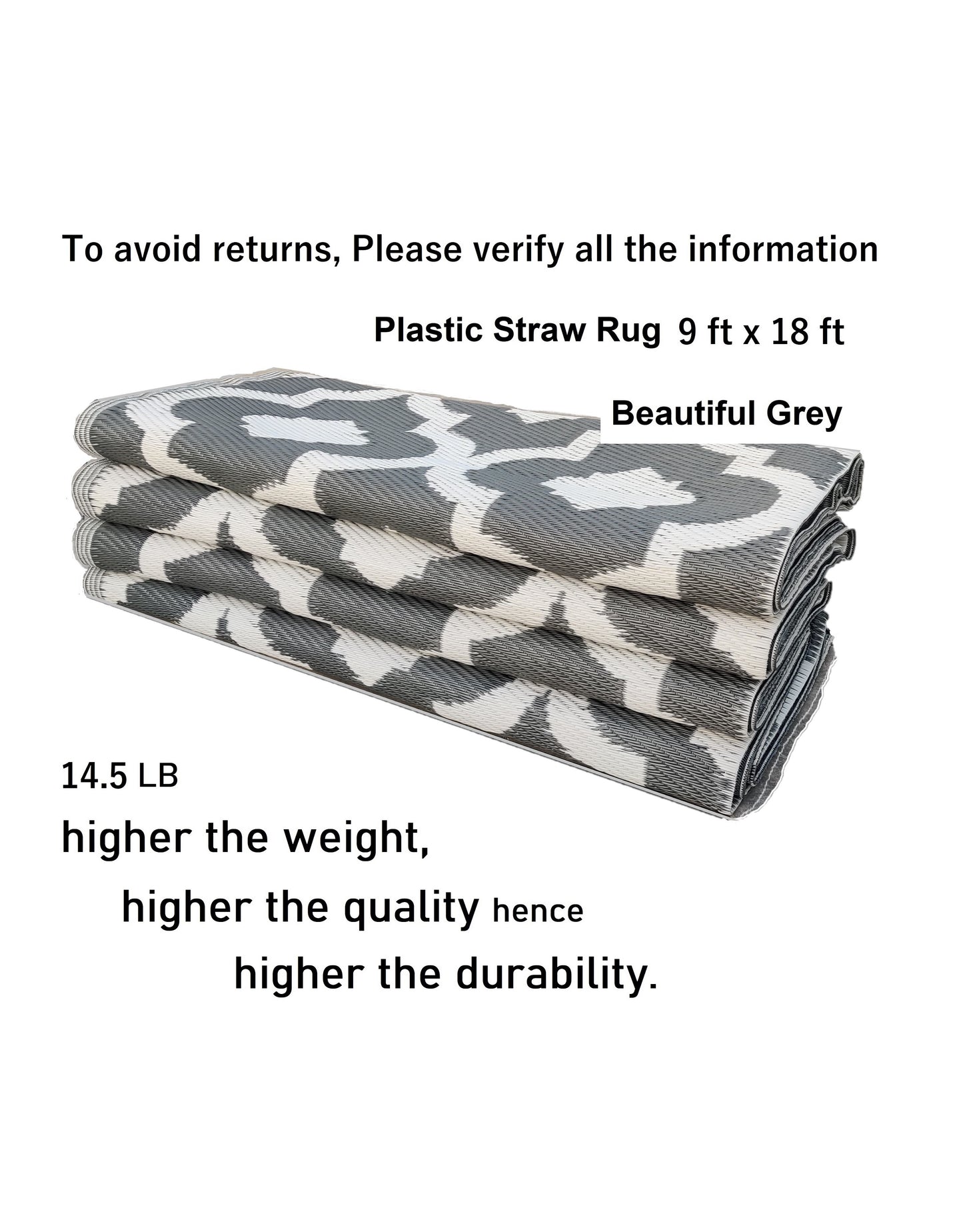 Clearance TBU Recycled Outdoor Plastic Patio Rugs – 9x18, Grey, White