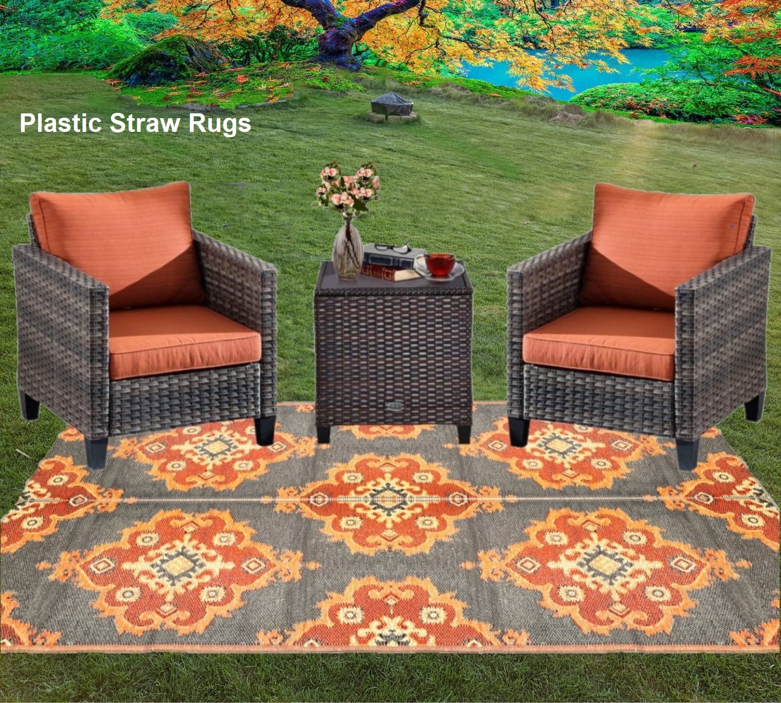 Outdoor rugs geometric orange grey Portable waterproof