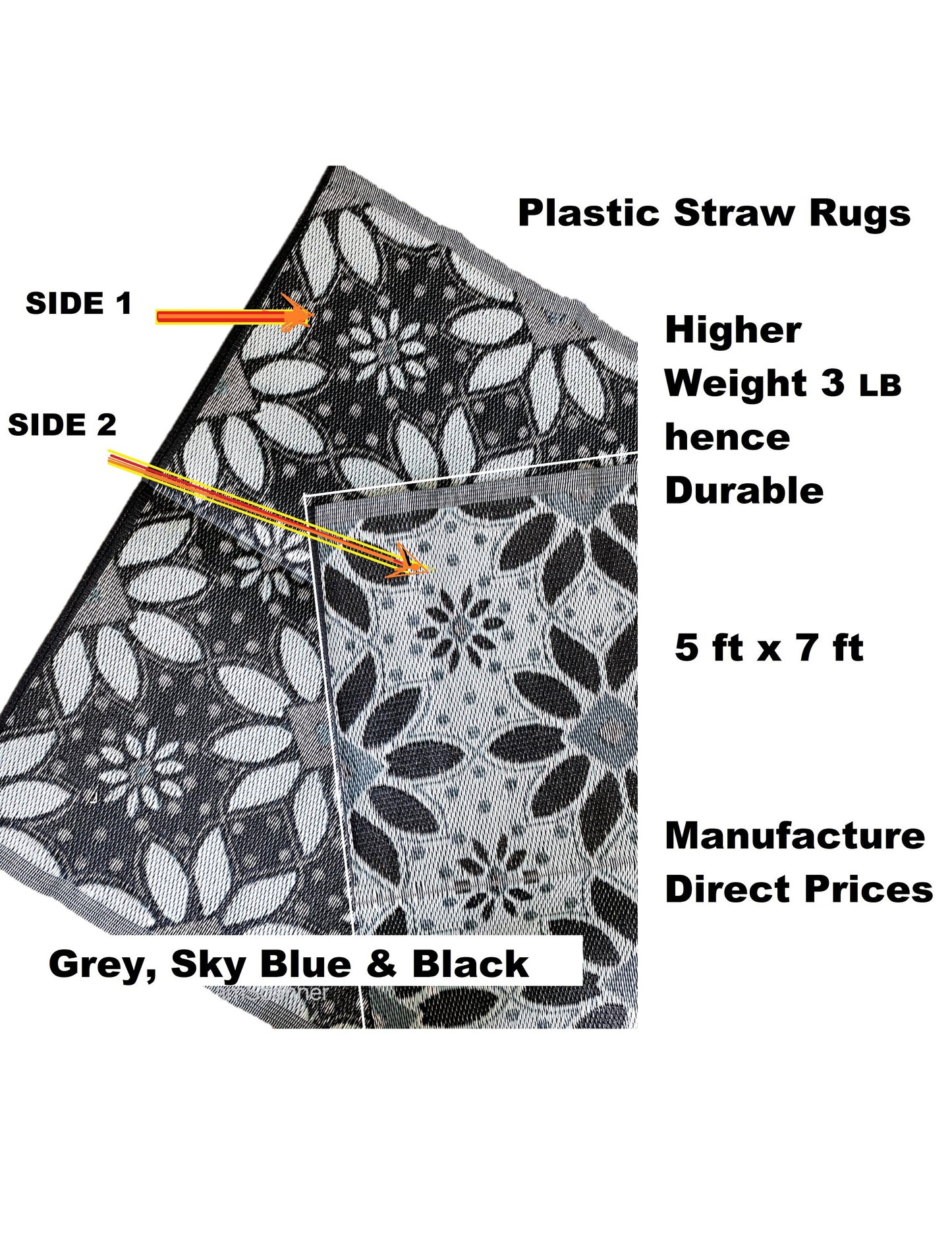 BalajeesUSA Outdoor Plastic Straw Patio Rugs - 5'x7' Sky Blue, Grey