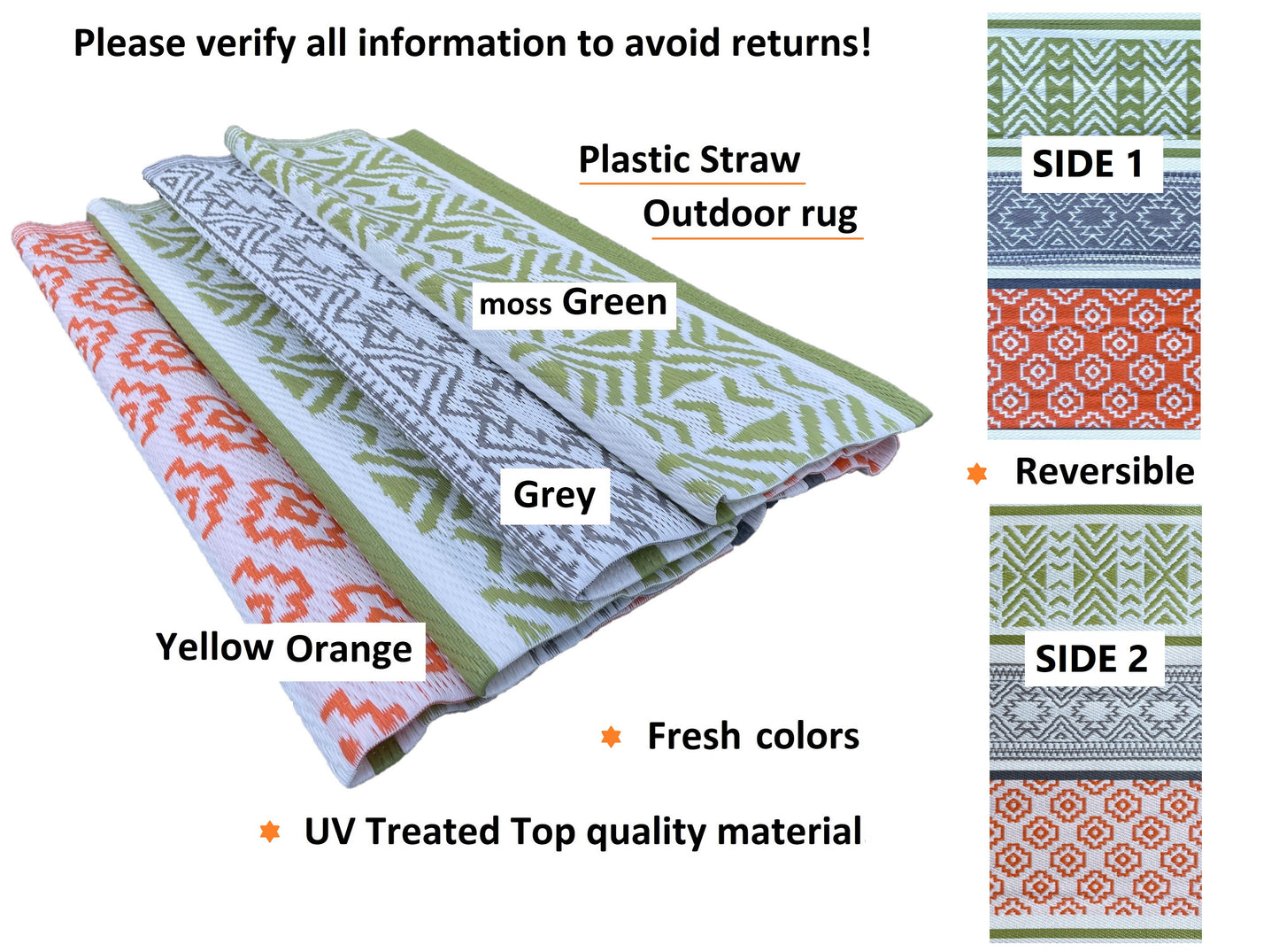 BalajeesUSA Outdoor Plastic Straw Rugs Outdoor Patio Rugs –9'x18', 9'x12', 5'x7',6'x9', Green, Orange