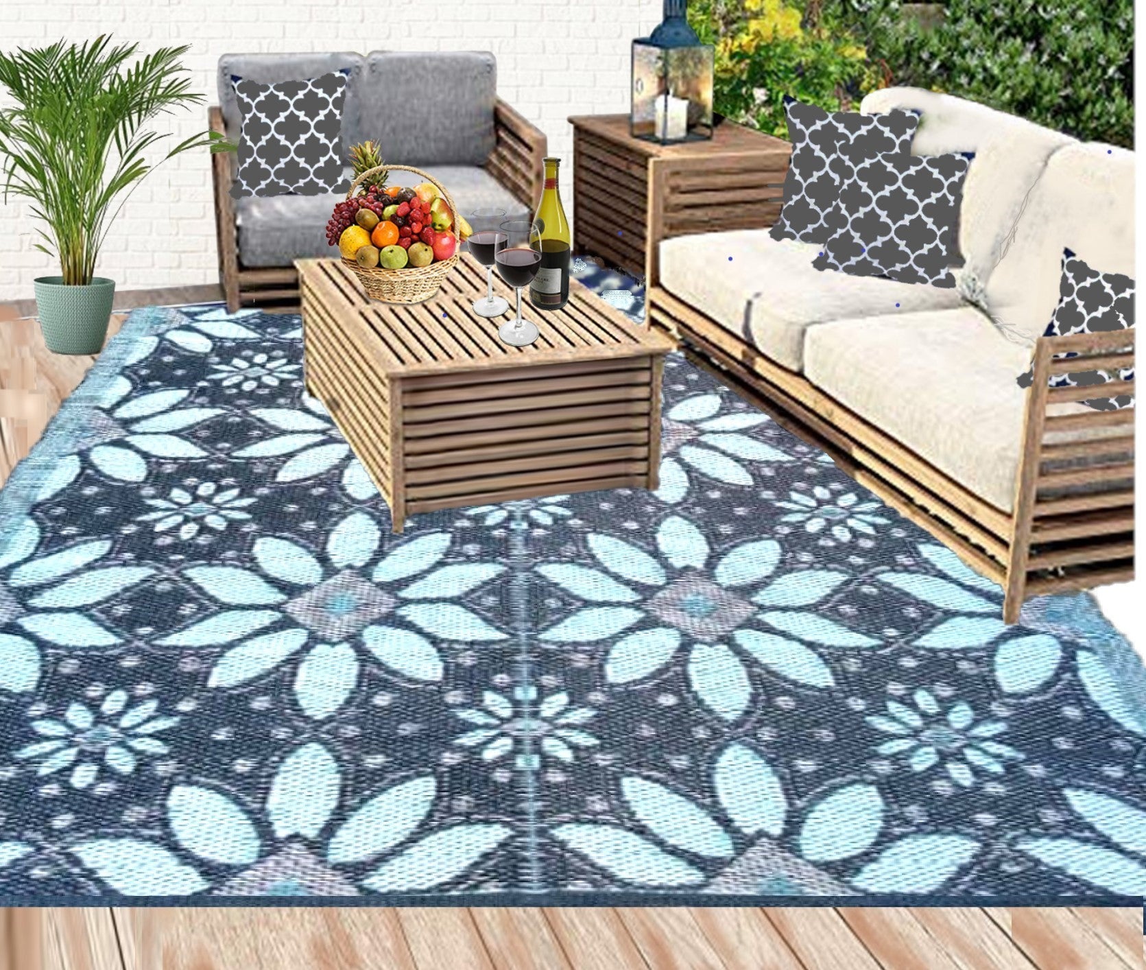 Outdoor Patio Rugs clearance Navy Blue, Grey, White color using at floor to decorate house