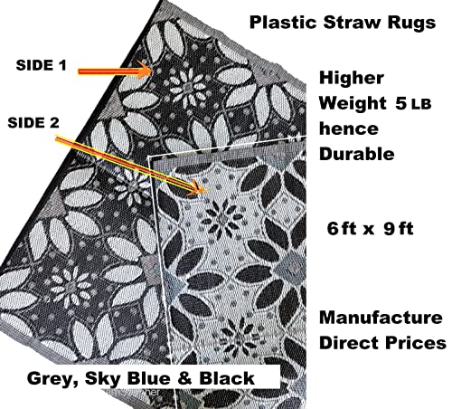 BalajeesUSA Outdoor Plastic Straw Outdoor Patio Rugs –6 by 9, SkyBlue, Grey, 331