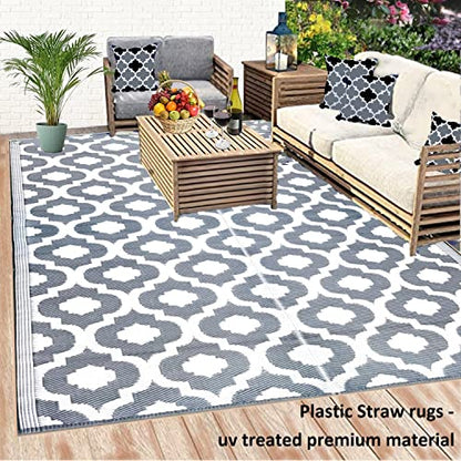 Clearance TBU Recycled Outdoor Plastic Patio Rugs – 9x18, Grey, White