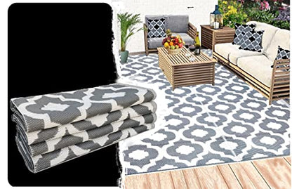 Clearance TBU Recycled Outdoor Plastic Patio Rugs – 9x18, Grey, White